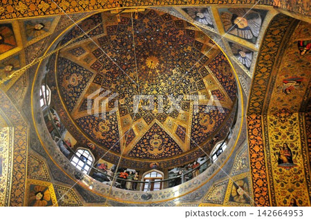 Arabesque patterns on the dome ceiling of the Vank Cathedral in Isfahan, Iran. Arabesque patterns on the dome ceiling of the Vank Cathedral in Isfahan, Iran. 142664953