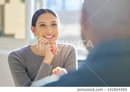 Businesswoman, smile and corporate interview in office for job recruitment, we are hiring or meeting. Female person, talking and onboarding with human resources for discussion, vacancy or candidate Businesswoman, smile and corporate interview in office for job recruitment, we are hiring or meeting. Female person, talking and onboarding with human resources for discussion, vacancy or candidate 142664989