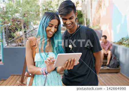 Campus, Gen z and friends, connection and tablet for scholarship for education, learning and confidence. Backpack, college and female person, happiness and internet, university and students outdoor Campus, Gen z and friends, connection and tablet for scholarship for education, learning and confidence. Backpack, college and female person, happiness and internet, university and students outdoor 142664990