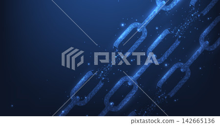 Glowing blockchain chain links shattering a broken connection or security failure against a dark blue futuristic background. Glowing blockchain chain links shattering a broken connection or security failure against a dark blue futuristic background. 142665136