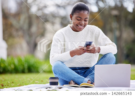 Woman, smartphone and outside texting with student, contact and education online conversation. Sitting, reading and happy for scholarship notification, break and university campus or elearning chat Woman, smartphone and outside texting with student, contact and education online conversation. Sitting, reading and happy for scholarship notification, break and university campus or elearning chat 142665143