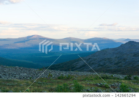 Mountains in the north of Russia. View from the top of the mountain. Mountains in the north of Russia. View from the top of the mountain. 142665294