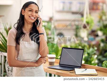 Entrepreneur, restaurant and startup, phone call and online food service or cafe. Coffee shop, small business and happy woman, manager and communication on smartphone in discussion for logistics Entrepreneur, restaurant and startup, phone call and online food service or cafe. Coffee shop, small business and happy woman, manager and communication on smartphone in discussion for logistics 142665415