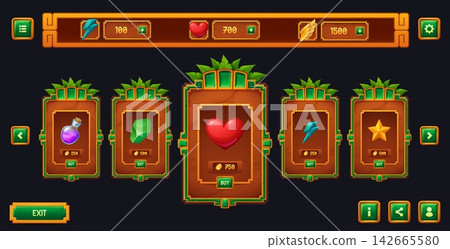 Mexican game shop interface with Aztec windows and Maya icons or loading bars for store panel UI. Sale board frame for game shop window with item gift boxes menu of heart, power and life health buy Mexican game shop interface with Aztec windows and Maya icons or loading bars for store panel UI. Sale board frame for game shop window with item gift boxes menu of heart, power and life health buy 142665580
