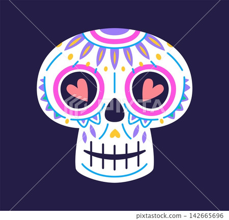 Mexican calavera sugar skull with heart shaped eyes, floral patterns and traditional Dia de los Muertos decorations. Vibrant skull for Halloween decor, festive apparel and Day of the Dead celebration Mexican calavera sugar skull with heart shaped eyes, floral patterns and traditional Dia de los Muertos decorations. Vibrant skull for Halloween decor, festive apparel and Day of the Dead celebration 142665696