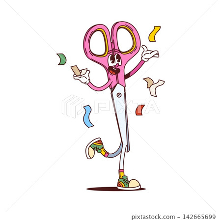 Groovy scissors cartoon school supply character or cheerful education personage. Y2K Groovy scissors with silly smile on funky face and color paper cut pieces for school supply or stationery character Groovy scissors cartoon school supply character or cheerful education personage. Y2K Groovy scissors with silly smile on funky face and color paper cut pieces for school supply or stationery character 142665699