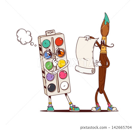 Cartoon funny groovy watercolor paint palette and paint brush characters. Vintage paint box with glasses and painter brush with mustache. Fun art class back to school graphic for educational posters Cartoon funny groovy watercolor paint palette and paint brush characters. Vintage paint box with glasses and painter brush with mustache. Fun art class back to school graphic for educational posters 142665704