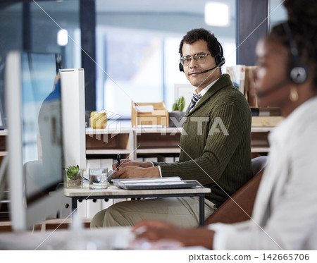 Call center, man and smile with portrait in office for customer service, communication or consulting. Businessman, headphones and technology with pride for telemarketing, help and support for clients Call center, man and smile with portrait in office for customer service, communication or consulting. Businessman, headphones and technology with pride for telemarketing, help and support for clients 142665706