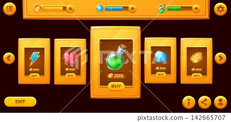 Luxury game shop interface window and icons, gold loading bars, golden store panel ui, sale board frame. Cartoon gui for mobile app inventory with potion, gem, heart, lightning bolt and coin resources Luxury game shop interface window and icons, gold loading bars, golden store panel ui, sale board frame. Cartoon gui for mobile app inventory with potion, gem, heart, lightning bolt and coin resources 142665707