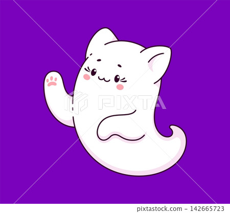 Funny cartoon Halloween kawaii ghost cat animal character. Isolated ghostly kitten spook with adorable feline ears, paws and tail, loveable pet phantom personage flying with happy face in the night Funny cartoon Halloween kawaii ghost cat animal character. Isolated ghostly kitten spook with adorable feline ears, paws and tail, loveable pet phantom personage flying with happy face in the night 142665723
