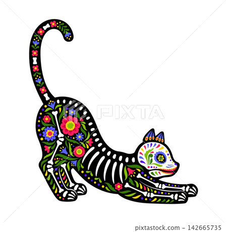 Animal cat skeleton tattoo of Mexican day of the dead. Halloween isolated dia de los Muertos kitten sugar skull, feline pet figure stretching it body, filled with bones and floral alebrije motifs Animal cat skeleton tattoo of Mexican day of the dead. Halloween isolated dia de los Muertos kitten sugar skull, feline pet figure stretching it body, filled with bones and floral alebrije motifs 142665735