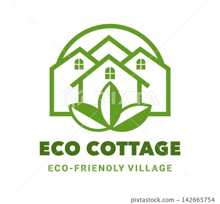 Eco house cottage icon with green houses and leaf sprout. Abstract emblem with stylized houses, arched windows and green plant for eco friendly real estate agency or smart home construction company 142665754