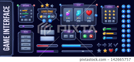 Old stone game UI interface buttons and level windows with rocky loading scale and menu frame. Medieval game interface assets with stone indicators and rewards for videogame elements and gamer GUI Old stone game UI interface buttons and level windows with rocky loading scale and menu frame. Medieval game interface assets with stone indicators and rewards for videogame elements and gamer GUI 142665757