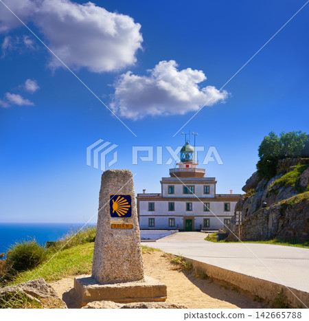 Saint James Way sign and lighthouse of Finisterre 142665788