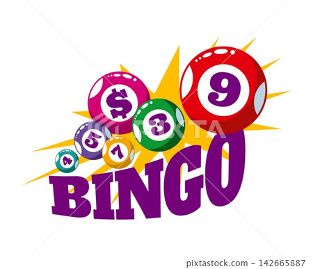 Lottery bingo winner emblem with lucky balls and vibrant starburst. Large bingo lettering with glossy lotto balls displaying numbers and symbols for lottery promotions and entertainment advertising Lottery bingo winner emblem with lucky balls and vibrant starburst. Large bingo lettering with glossy lotto balls displaying numbers and symbols for lottery promotions and entertainment advertising 142665887