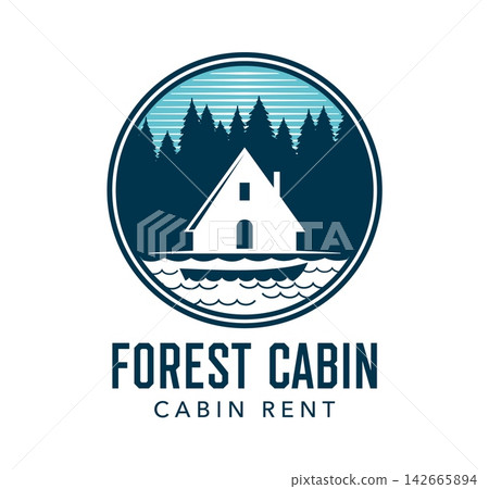 Forest lodge cabin emblem featuring cozy cottage surrounded by tall pine trees and calm lake waves inside circular badge. Fishing cabin rent symbol for lake camp business, lodges and camping sites Forest lodge cabin emblem featuring cozy cottage surrounded by tall pine trees and calm lake waves inside circular badge. Fishing cabin rent symbol for lake camp business, lodges and camping sites 142665894