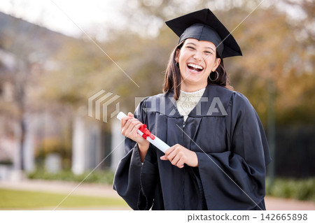 Woman, portrait and graduation with certificate, happy and excited for future, goals and education at college. Girl, student and happy with diploma for achievement, success and celebration at campus Woman, portrait and graduation with certificate, happy and excited for future, goals and education at college. Girl, student and happy with diploma for achievement, success and celebration at campus 142665898