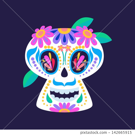 Calavera sugar skull crowned with pink and purple flowers and green leaves. Traditional Mexican sugar skull with beaded eye patterns and cheerful smile for Day of the Dead holiday decor Calavera sugar skull crowned with pink and purple flowers and green leaves. Traditional Mexican sugar skull with beaded eye patterns and cheerful smile for Day of the Dead holiday decor 142665915