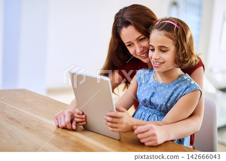 Mother, girl and tablet for learning in home, online play and remote class or education at table. Daughter, mama and streaming cartoon or games for child development, bonding and support in childhood Mother, girl and tablet for learning in home, online play and remote class or education at table. Daughter, mama and streaming cartoon or games for child development, bonding and support in childhood 142666043