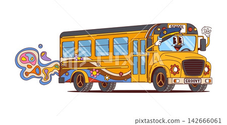 Groovy school bus or cartoon education character and funny cheerful personage. Y2K Groovy yellow school bus with happy smile on face and driver cap hat and hippie flowers for school student character Groovy school bus or cartoon education character and funny cheerful personage. Y2K Groovy yellow school bus with happy smile on face and driver cap hat and hippie flowers for school student character 142666061