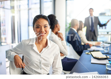 Woman, employee and smile on portrait in boardroom with pride for career grow and opportunity as accountant. Female person, people and office for business presentation with statistics for feedback Woman, employee and smile on portrait in boardroom with pride for career grow and opportunity as accountant. Female person, people and office for business presentation with statistics for feedback 142666063