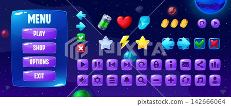 Galaxy space game UI interface icons and menu window panels with loading bars. Buttons and level indicators for mobile video game screen frames, progress bars and planet spaceship navigation elements 142666064