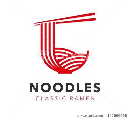 Ramen noodles icon for Asian or Japanese cuisine restaurant and food bar menu sign. Ramen noodles in bowl with chopsticks in red line design for Japan izakaya bar or Chinese and Korean kitchen Ramen noodles icon for Asian or Japanese cuisine restaurant and food bar menu sign. Ramen noodles in bowl with chopsticks in red line design for Japan izakaya bar or Chinese and Korean kitchen 142666066