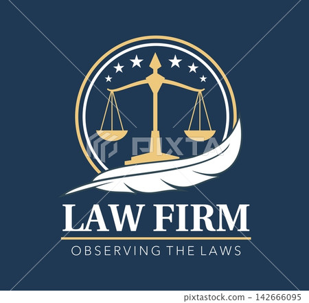 Justice law firm emblem featuring balanced justice scales inside circular frame with stars and white quill feather. Professional attorney and lawyer symbol for law firms and legal consultants Justice law firm emblem featuring balanced justice scales inside circular frame with stars and white quill feather. Professional attorney and lawyer symbol for law firms and legal consultants 142666095