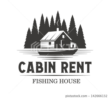 Forest lodge, fishing cabin rent and lake camp icon. Rustic cabin rental emblem featuring a lakeside fishing house nestled among tall pine trees with a small pier and boat evoking nature escape Forest lodge, fishing cabin rent and lake camp icon. Rustic cabin rental emblem featuring a lakeside fishing house nestled among tall pine trees with a small pier and boat evoking nature escape 142666132