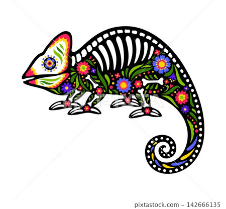 Chameleon animal skeleton tattoo for Mexican Day of the Dead or Dia de los Muertos holiday. Chameleon lizard or reptile animal tattoo with Mexican alebrije. sugar skull and flowers and bones ornament Chameleon animal skeleton tattoo for Mexican Day of the Dead or Dia de los Muertos holiday. Chameleon lizard or reptile animal tattoo with Mexican alebrije. sugar skull and flowers and bones ornament 142666135