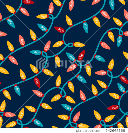 Kids Christmas seamless pattern with colorful festive lights and glowing bulbs. Playful hand drawn holiday design for children's fabric, wrapping paper, party decorations and festive backgrounds. Kids Christmas seamless pattern with colorful festive lights and glowing bulbs. Playful hand drawn holiday design for children's fabric, wrapping paper, party decorations and festive backgrounds. 142666166
