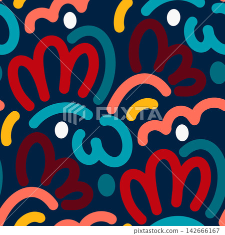 Abstract kids seamless pattern with shapes and playful colorful spots. Fun festive background for children's parties, birthdays, celebrations, wrapping paper, fabric, stationery, kids designs. 142666167