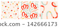Modern gender neutral kids seamless pattern set with soft colorful polka dot shapes and curved stripes, playful wavy lines in warm muted tones. Minimal, stylish design for nursery decor, baby clothing 142666173