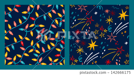 Festive kids seamless pattern set with sparkling stars, glitter, lights and glowing bulbs on dark background. Fun bright modern gender neutral prints for childrens parties, birthdays, celebrations. Festive kids seamless pattern set with sparkling stars, glitter, lights and glowing bulbs on dark background. Fun bright modern gender neutral prints for childrens parties, birthdays, celebrations. 142666175