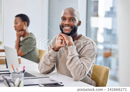 Black man, portrait and working on laptop in office for online research, confidence and planning in journalism. Face of journalist with computer in workplace for media report, article or newsletter 142666271