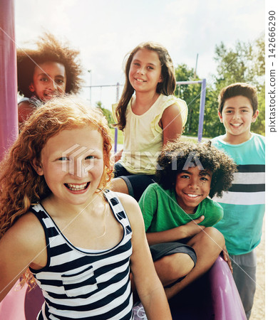 Kids, park and portrait of group in summer to relax with friends on playground on vacation. Happy, holiday and children together for party, games or smile outdoor at middle school recess or break Kids, park and portrait of group in summer to relax with friends on playground on vacation. Happy, holiday and children together for party, games or smile outdoor at middle school recess or break 142666290