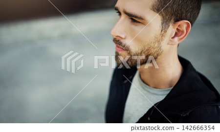 Man, runner and thinking in urban outdoor for health, sports training and wellness with running exercise. Serious male person, thoughtful and workout in city with fitness ideas, mindfulness and beard 142666354