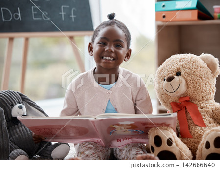 Girl, kindergarten and happy with book in portrait on floor for knowledge, education and fun for child development. Toys, kid and smile with reading story for information, learning and childhood play Girl, kindergarten and happy with book in portrait on floor for knowledge, education and fun for child development. Toys, kid and smile with reading story for information, learning and childhood play 142666640