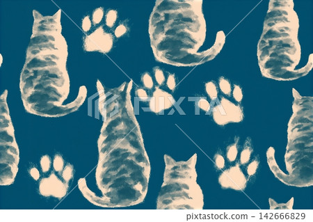 A seamless blue pattern with watercolor painted cats and paw prints, hand-painted spotted red cats, sitting cats, view from behind 142666829