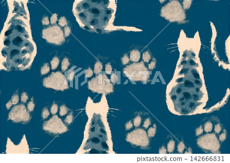 A seamless blue pattern with watercolor painted cats and paw prints, hand-painted spotted red cats, sitting cats, view from behind A seamless blue pattern with watercolor painted cats and paw prints, hand-painted spotted red cats, sitting cats, view from behind 142666831