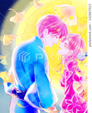 一對面帶著笑容的男女面對面站著,穿著浴衣,背光,銀杏樹,月亮,垂直構圖。 一對面帶著笑容的男女面對面站著,穿著浴衣,背光,銀杏樹,月亮,垂直構圖。 142667023