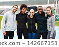 Fitness, track field and portrait of group of people in arena for challenge, cardio workout or resilience training. Sports, diversity and happy athletes for relay race, teamwork or competition 142667153