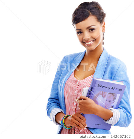 Woman, fashion student and books with portrait in studio, ideas and space for learning by white background. Girl, Indian person and model with textbook, information or mockup for college education 142667362