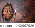 Slow Cooked Pulled Beef, Traditional meat rubbed with spices and smoked. brown background. top view 142667626