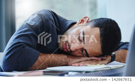 Burnout, business and man sleeping on desk in office with fatigue of project deadline or workload. Asleep, relax and tired with exhausted employee lying on workplace table for break, recovery or rest Burnout, business and man sleeping on desk in office with fatigue of project deadline or workload. Asleep, relax and tired with exhausted employee lying on workplace table for break, recovery or rest 142667651