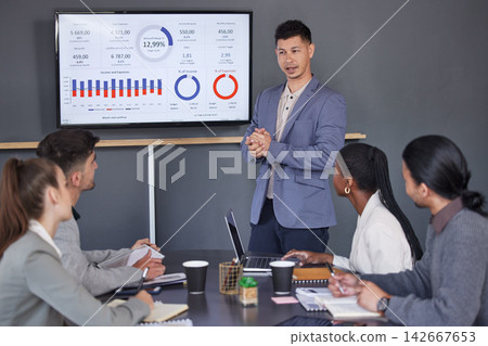 Man, boardroom and statistics in presentation for feedback, report and progress with clients for company growth. Office, people and teamwork or collaboration for business financial data as accountant Man, boardroom and statistics in presentation for feedback, report and progress with clients for company growth. Office, people and teamwork or collaboration for business financial data as accountant 142667653