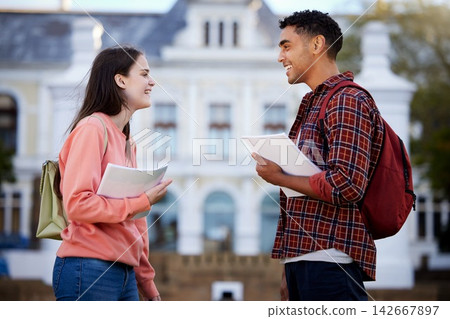 Friend, students and conversation on campus, university and discussion for test or assignment. Book, paperwork and communication with man and female person, learning and scholar for school and study Friend, students and conversation on campus, university and discussion for test or assignment. Book, paperwork and communication with man and female person, learning and scholar for school and study 142667897