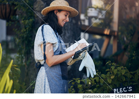 Writing, notebook and woman gardening in nature for growth inspection, development and nursery. Business, gardener and eco friendly farming checklist for plants, horticulture or floral sustainability Writing, notebook and woman gardening in nature for growth inspection, development and nursery. Business, gardener and eco friendly farming checklist for plants, horticulture or floral sustainability 142667941