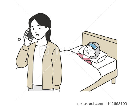 An illustration of a family member calling to cancel or inform an elderly person with a fever that they will be absent from day care services. 142668103