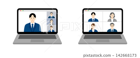 A set of business people using laptops for online meetings. A set of business people using laptops for online meetings. 142668173